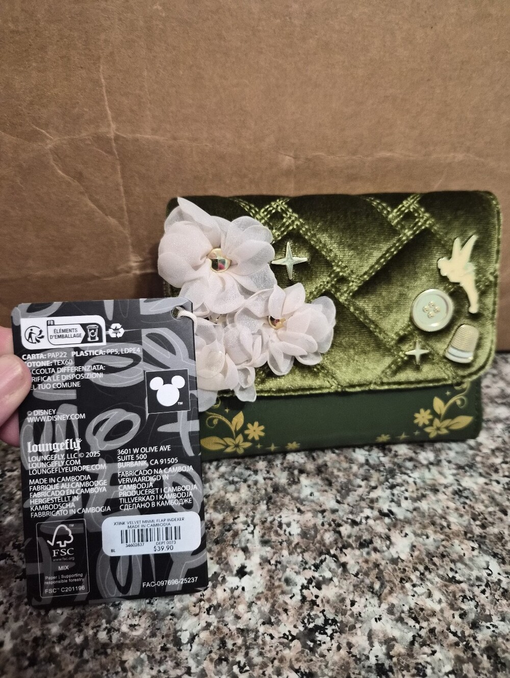 Loungefly Tinker Bell Green Velvet Floral Embroidered Top-Handle Bag And Wallet - Picture 7 of 10